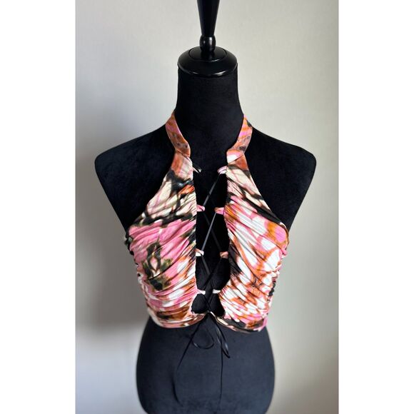 NWT H:OURS REVOLVE Women's Ignacia Crop Top in Pink Butterfly Lace Up Size M - Picture 3 of 10
